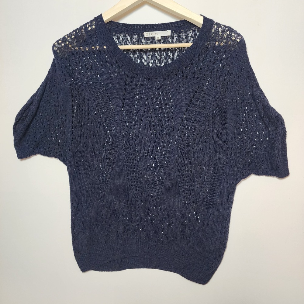 Cleo Open Knit Pointelle Diamond Sweater Navy Blue Short Sleeve XS Extra Small